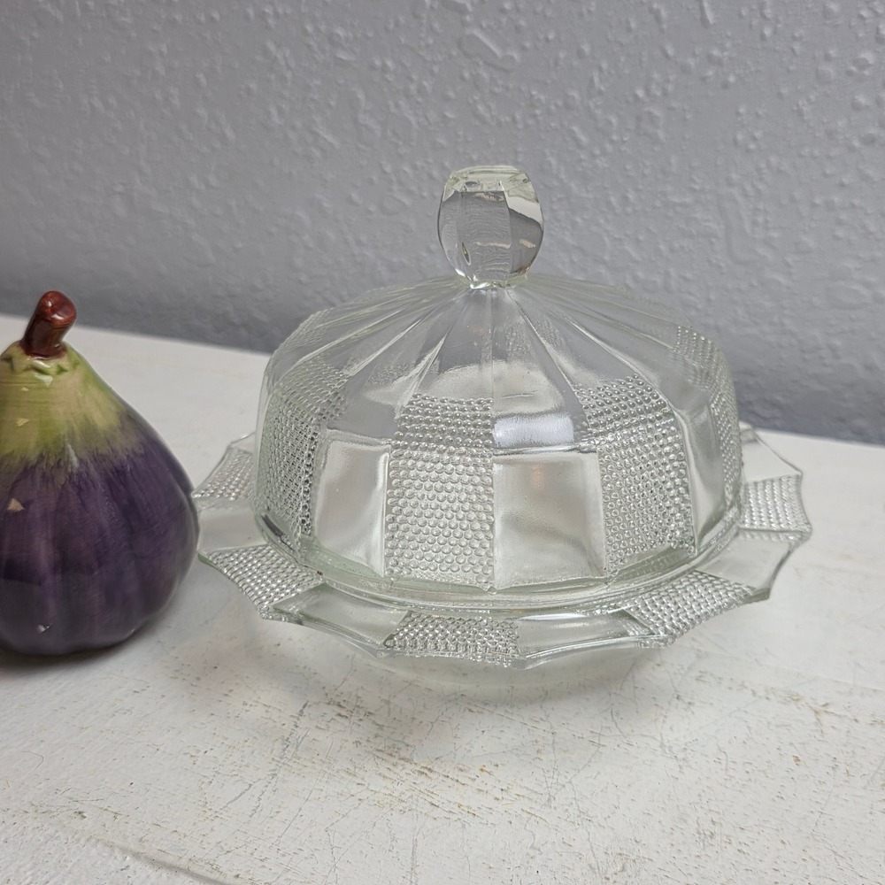 Vintage Jeannette 'Dewdrop' Clear Pressed Glass Butter Dish & Lid Art Deco Style